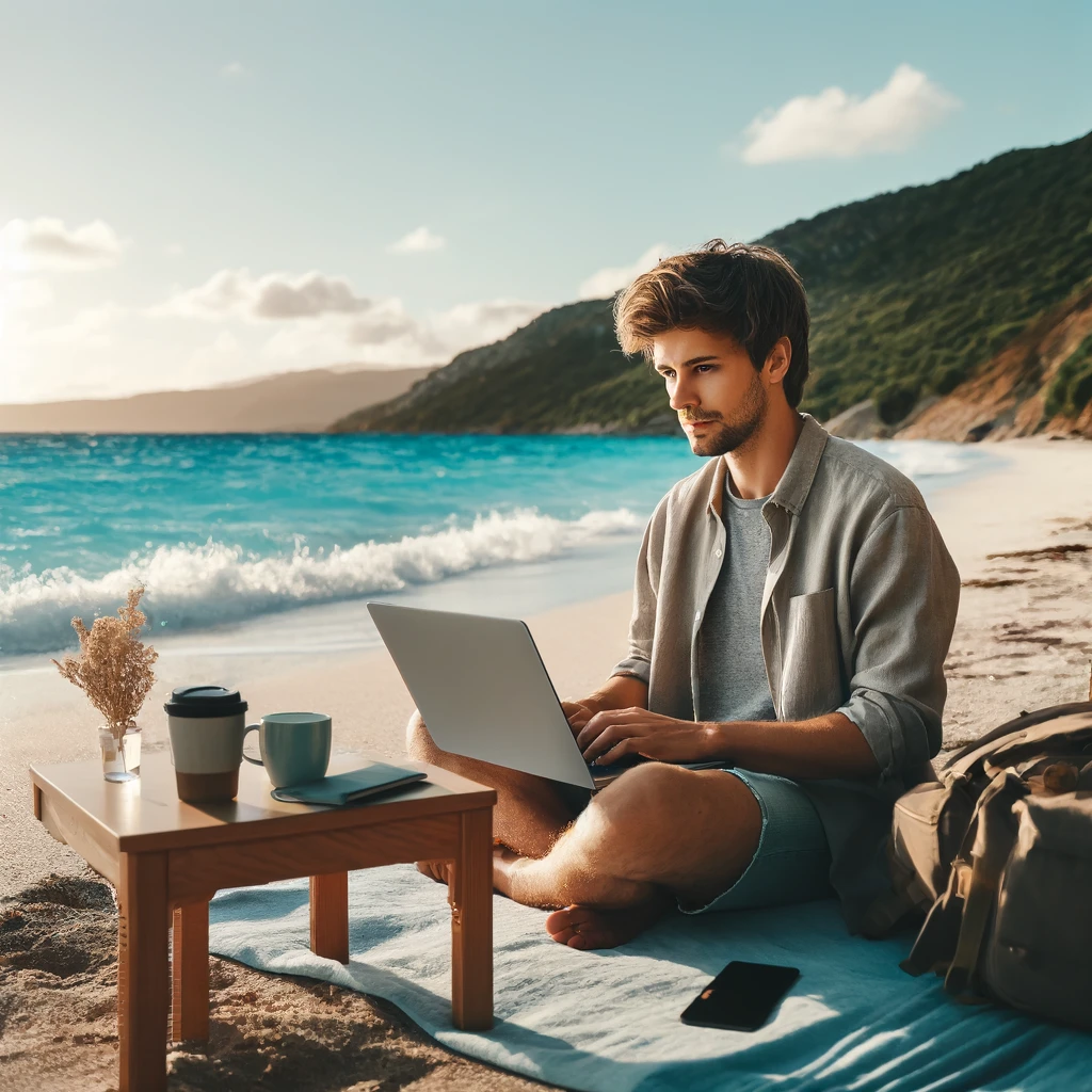 Digitaler Nomade arbeitet von einem ruhigen Strand aus, mit Laptop und Kaffee neben sich, symbolisiert Freiheit und Flexibilität im Arbeitsleben.